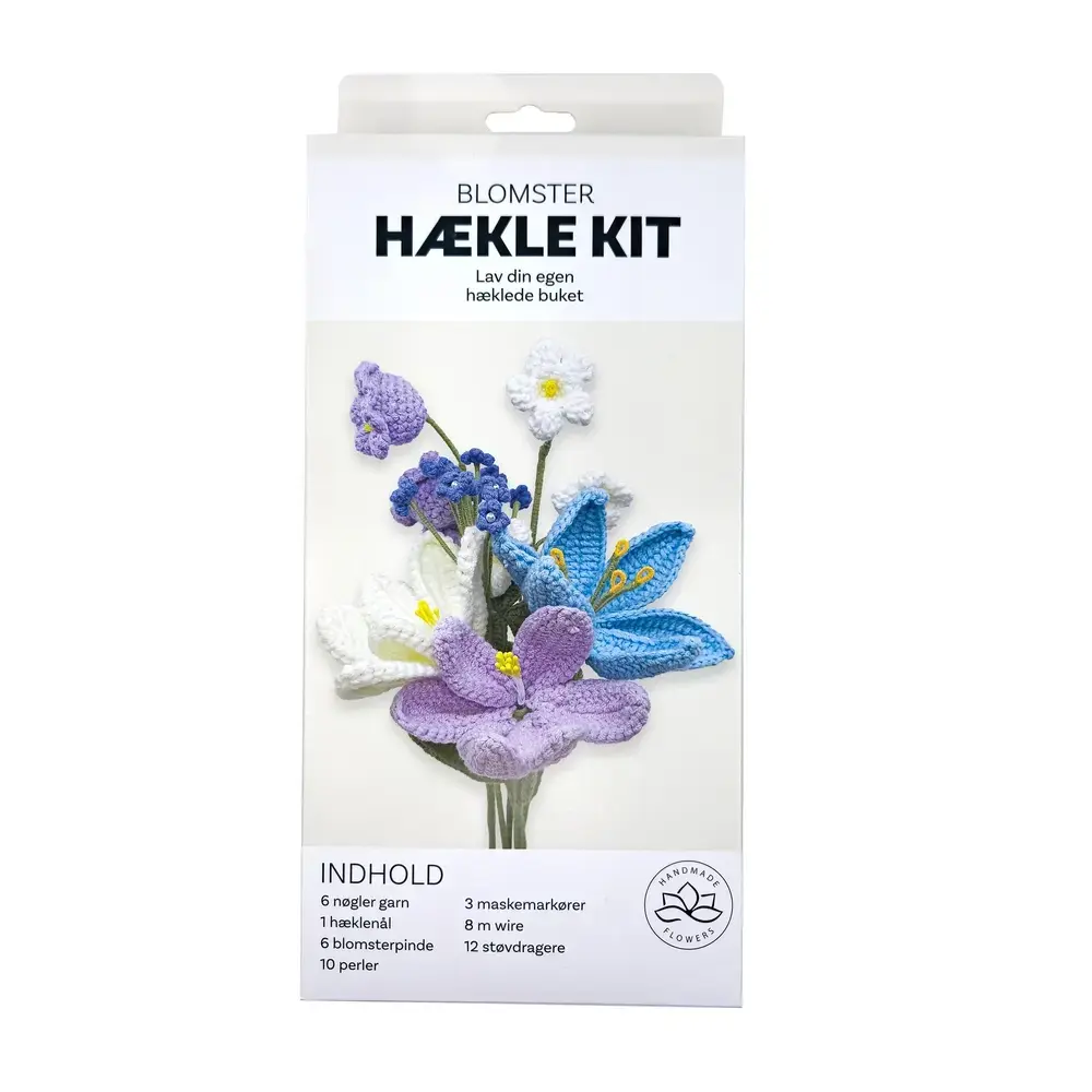 Hækle kit pastel blomster 6 stk i blå,lilla,hvid