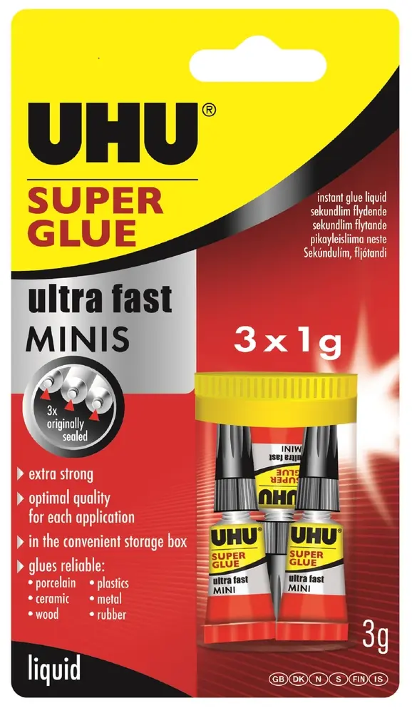 Superlim UHU mini 3 tuber 3 x 1g tube ekstra stærk