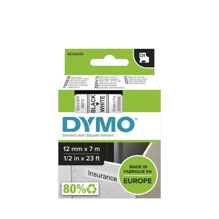 Dymo d1 tape 12mm 7m sort/hvid