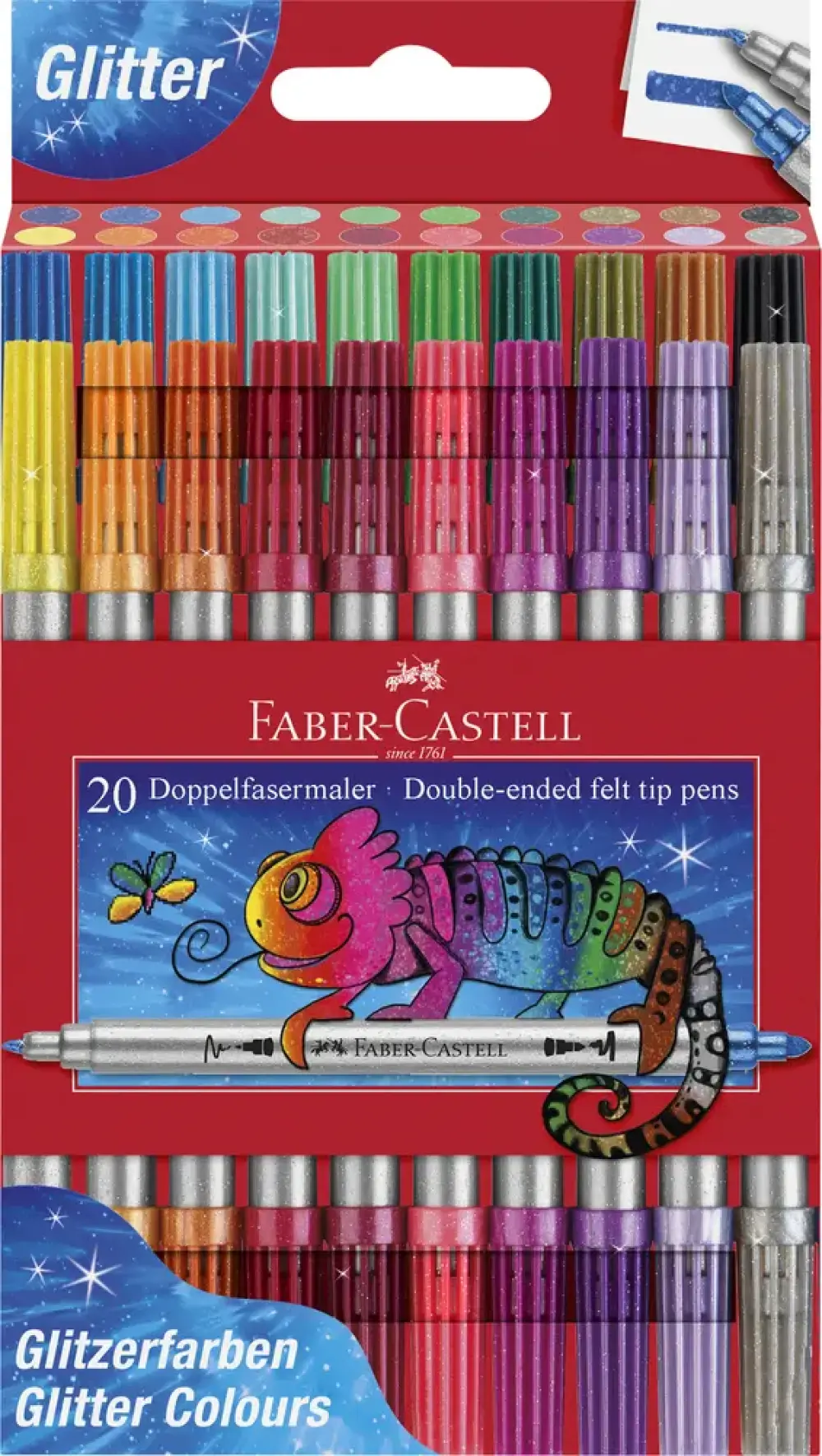 Faber Castell tusser med dobbelt spids tyk/tynd og glitter effekt. Æske med 20 farver.
