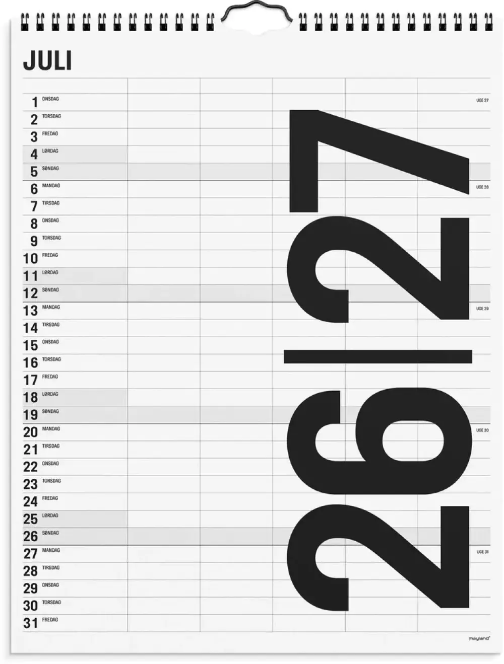 Mayladn Studie Familiekalender 26/27 Black and White 5 kolonner