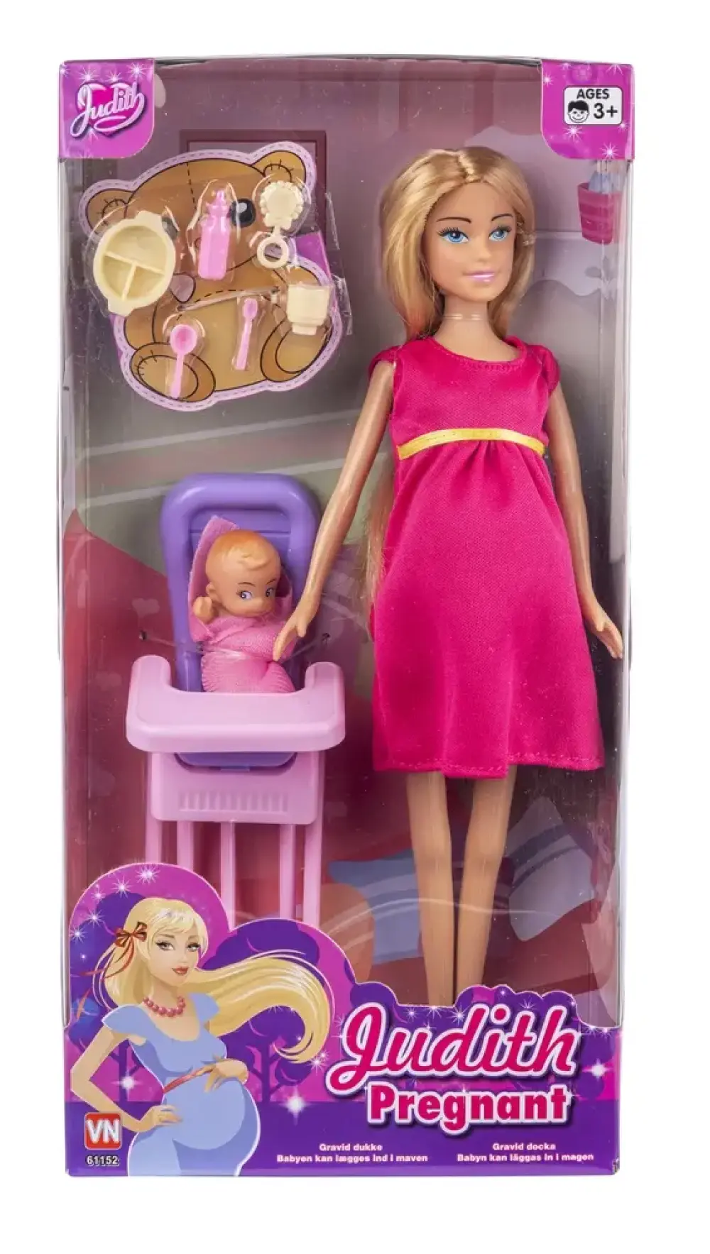 Judith gravid dukke og tilbehør ass